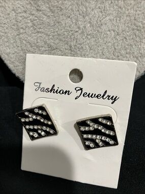 Fashion Jewelry Black and Clear Rhinestone Zebra Stripe Stud Earrings